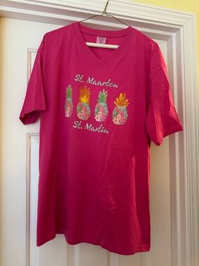 St. Maarten Pineapple Graphic V-Neck Kids Top - Hot Pink